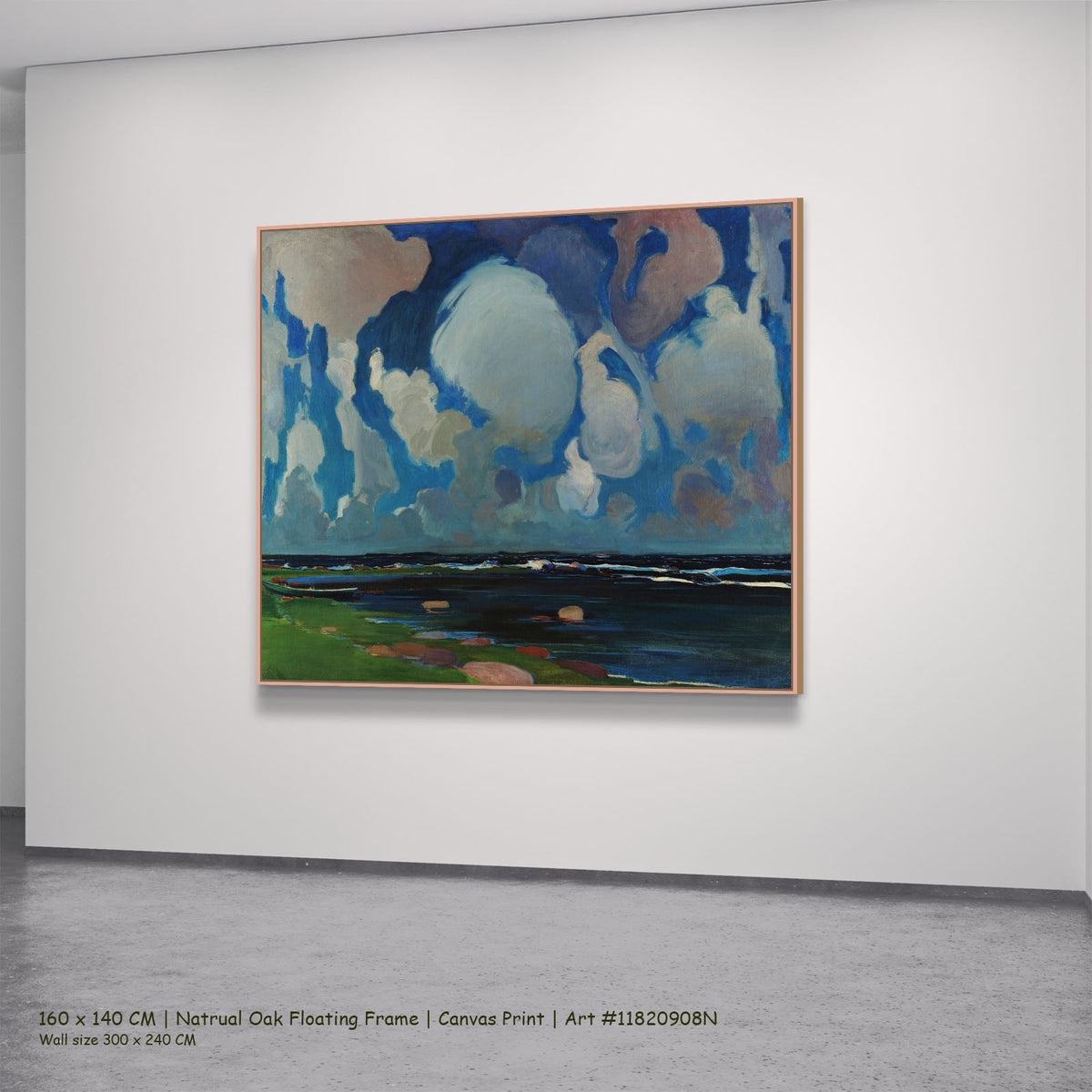 Clouds in Finland by Konrad Krzyżanowski in a natural oak floating frame, large blue and white Expressionist canvas