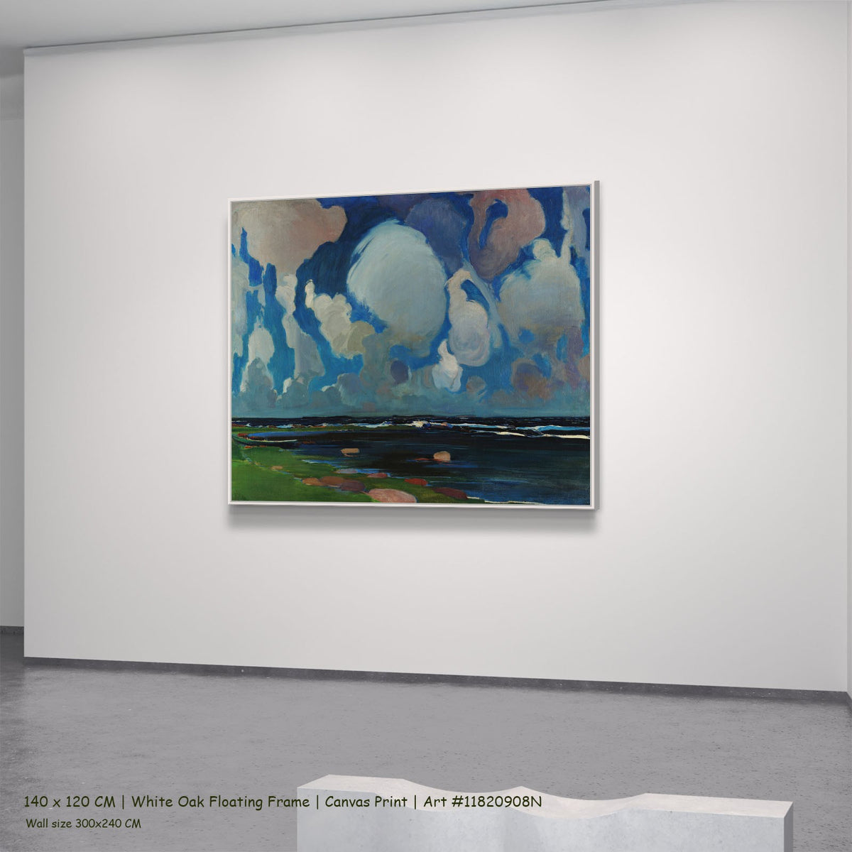 Clouds in Finland by Konrad Krzyżanowski in a white oak floating frame, large blue and white Expressionist canvas