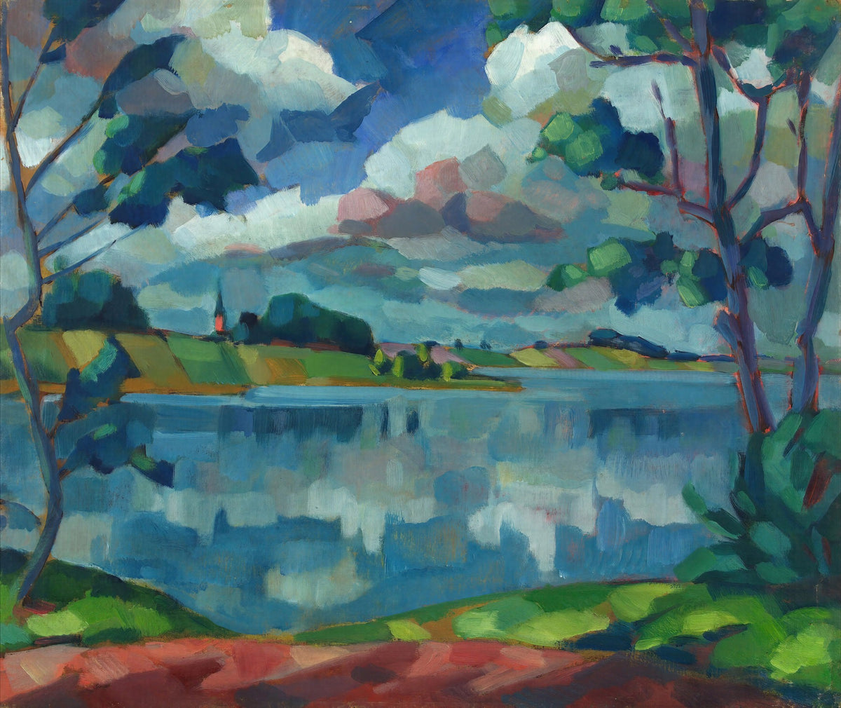 Large blue and green Landscape canvas print of Lake Saadjärv. Äksi Church by Konrad Mägi