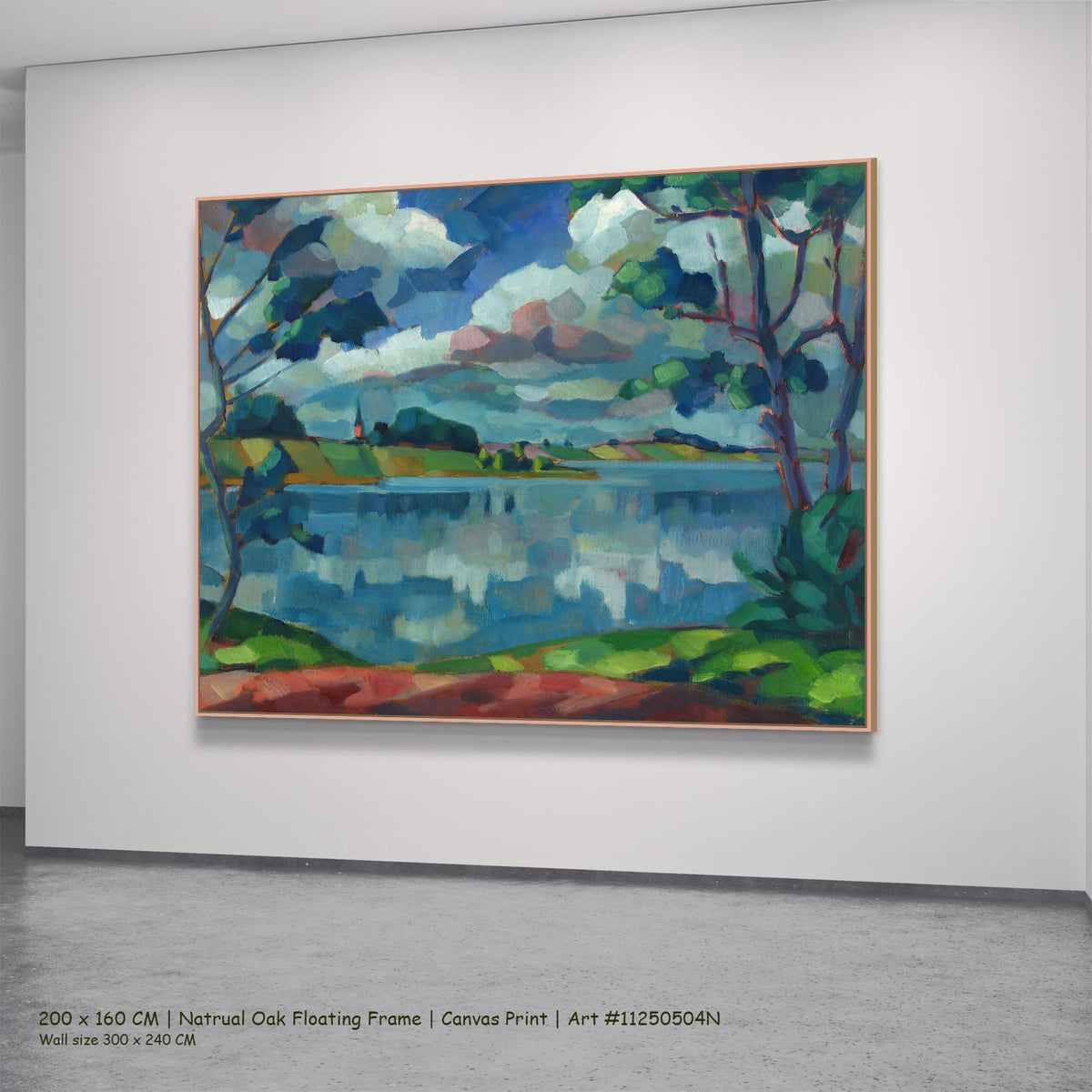 Lake Saadjärv. Äksi Church by Konrad Mägi in a natural oak floating frame, large blue and green Landscape canvas