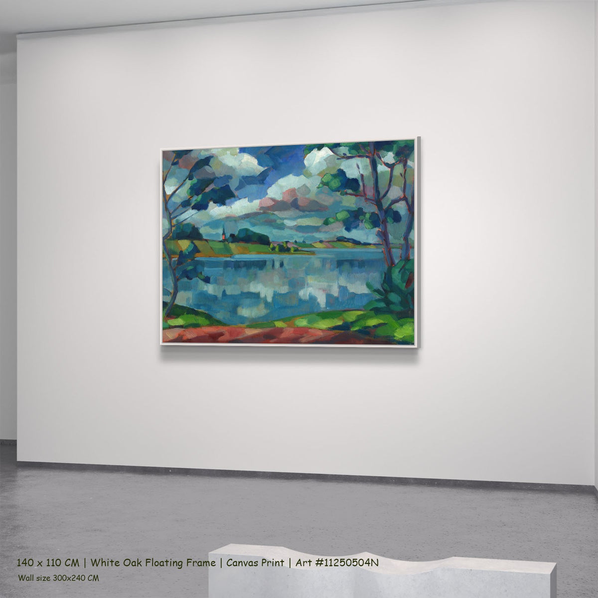 Lake Saadjärv. Äksi Church by Konrad Mägi in a white oak floating frame, large blue and green Landscape canvas