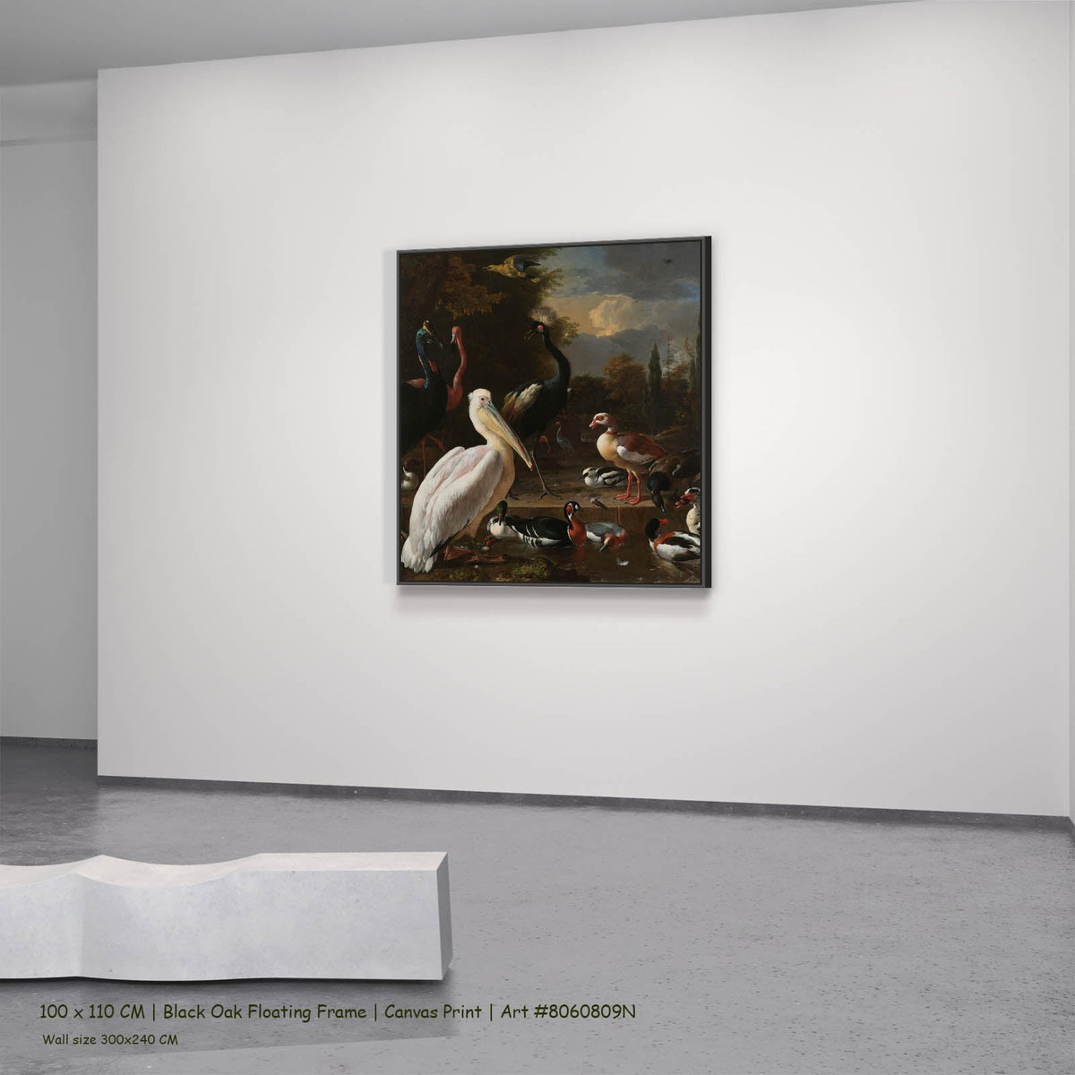 Melchior d'Hondecoeter — A Pelican & Other Birds (The Floating Feather) Wildlife canvas wall art in a black oak floating…