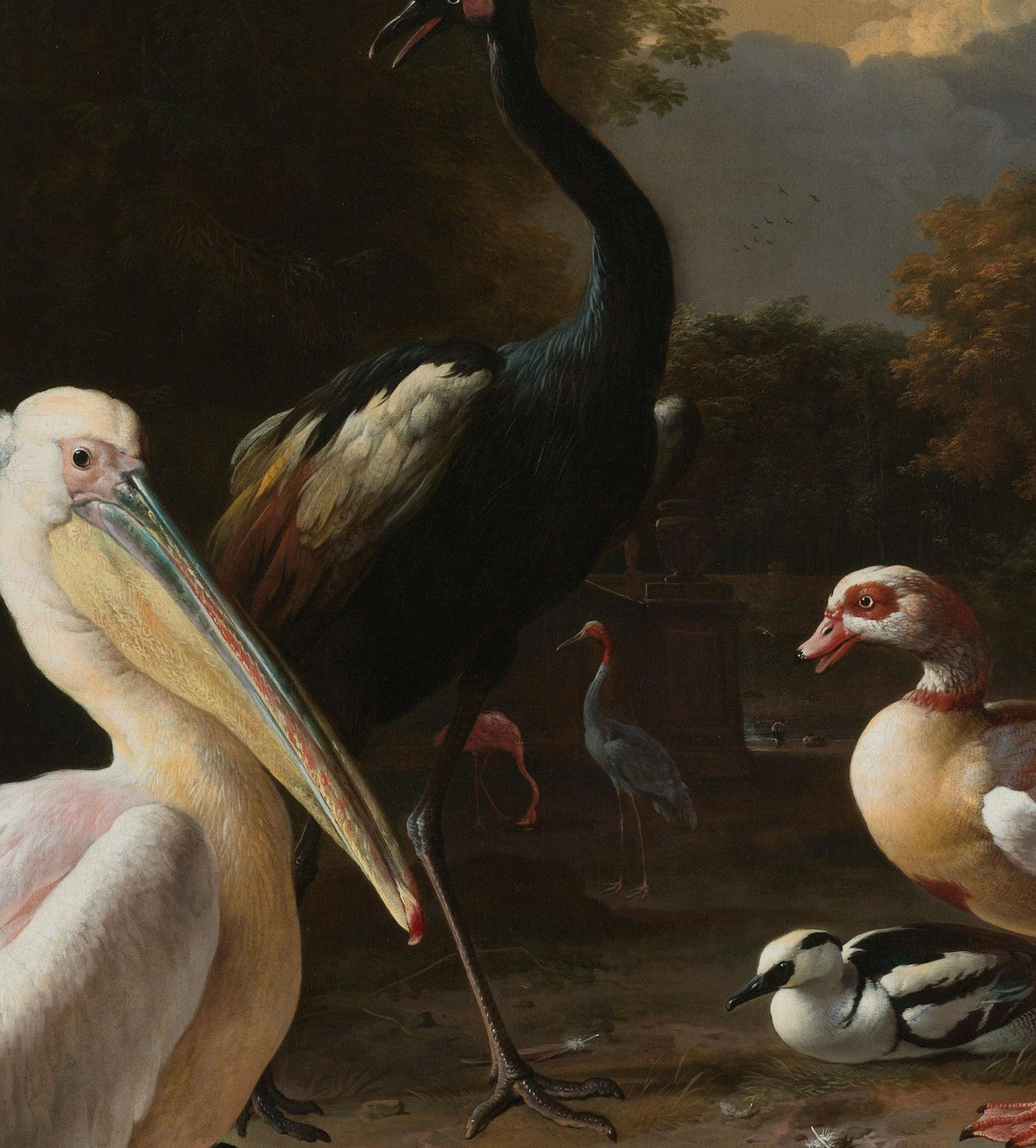 Melchior d'Hondecoeter — A Pelican & Other Birds (The Floating Feather) canvas — close-up detail of the framed canvas print
