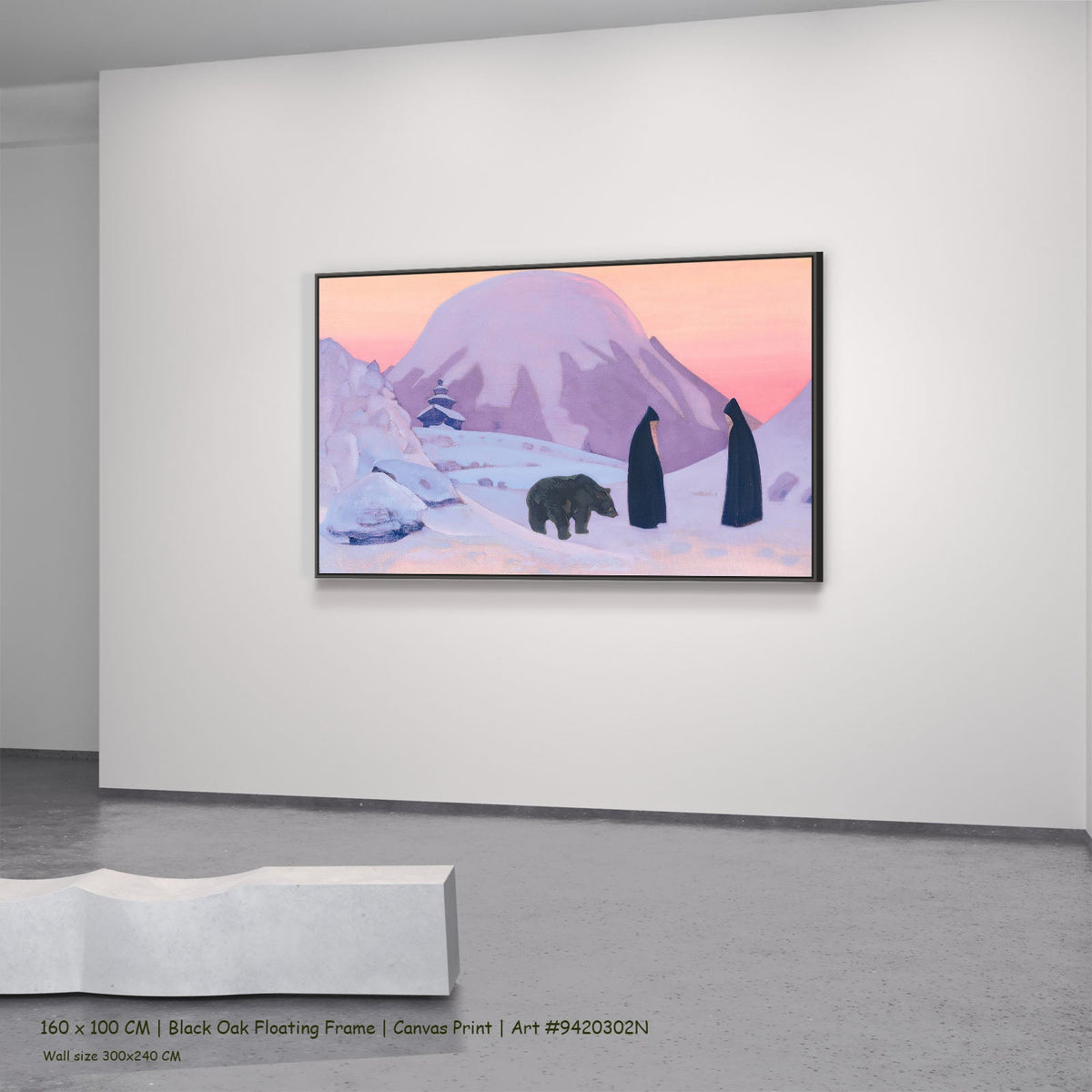 And We Are Not Afraid by Nicholas Roerich in a black oak floating frame, large pink and purple Symbolist canvas