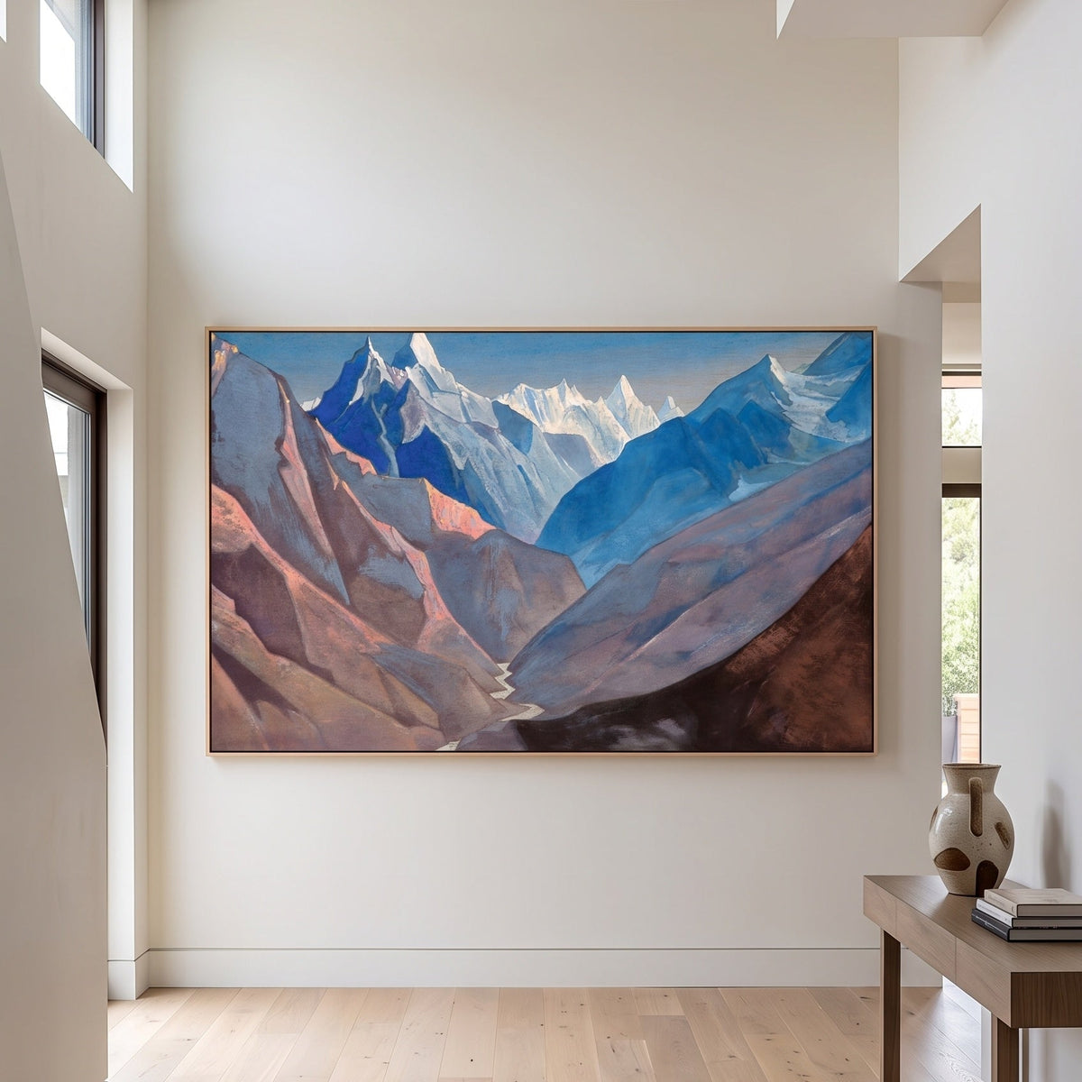 Mount "M" by Nicholas Roerich — large blue and brown Symbolist canvas art on a entryway wall