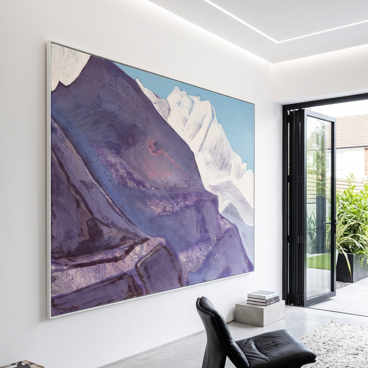 Study of Mountains by Nicholas Roerich — large purple and white Himalayan Mountain canvas art on a living room wall
