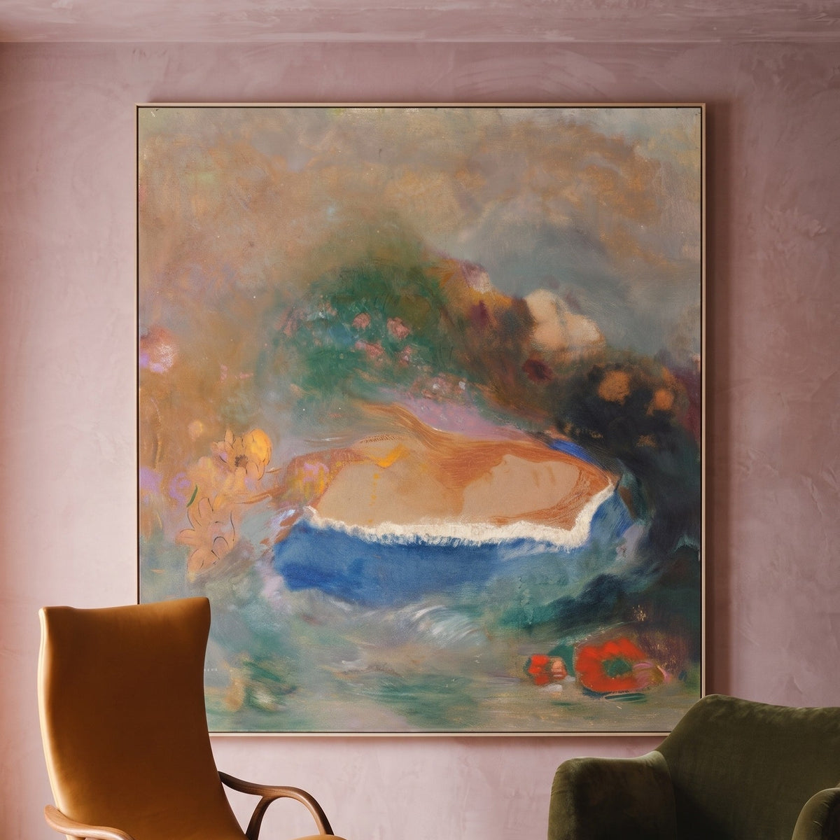 Odilon Redon | Large Blue Orange Symbolist Canvas Wall Art | Ophelia with a Blue Wimple — room photo 2
