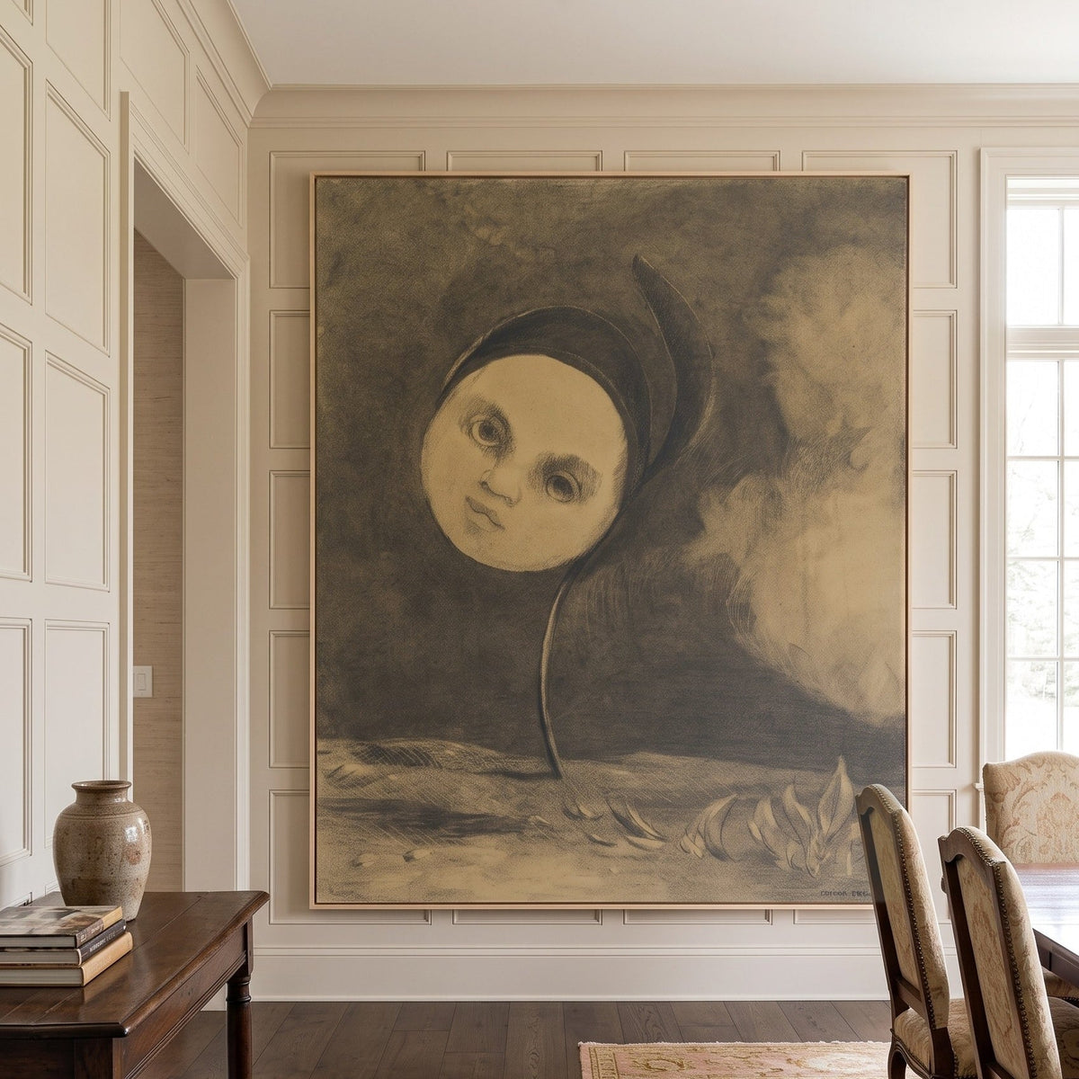 Strange Flower by Odilon Redon — large gold and brown Symbolist canvas art on a hallway wall