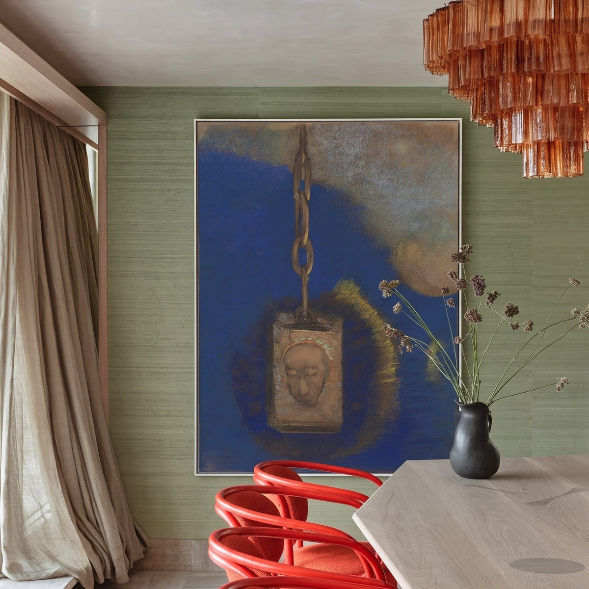 The Beacon by Odilon Redon — large blue and brown Symbolist canvas art displayed on a wall