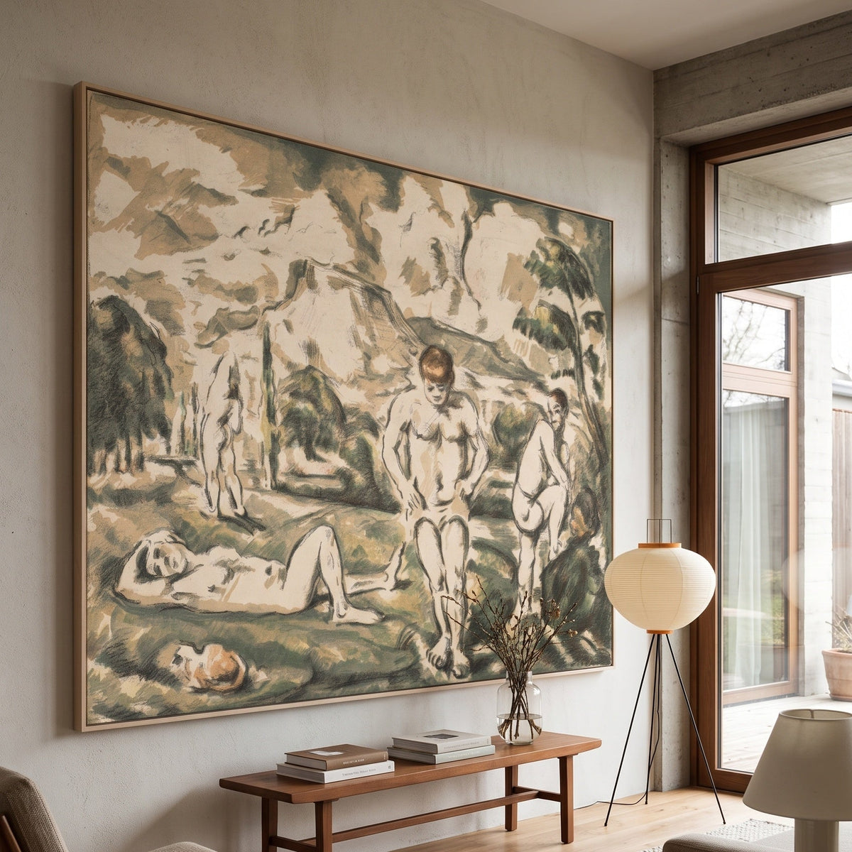 The Bathers by Paul Cezanne — large olive and green Impressionist canvas art on a living room wall