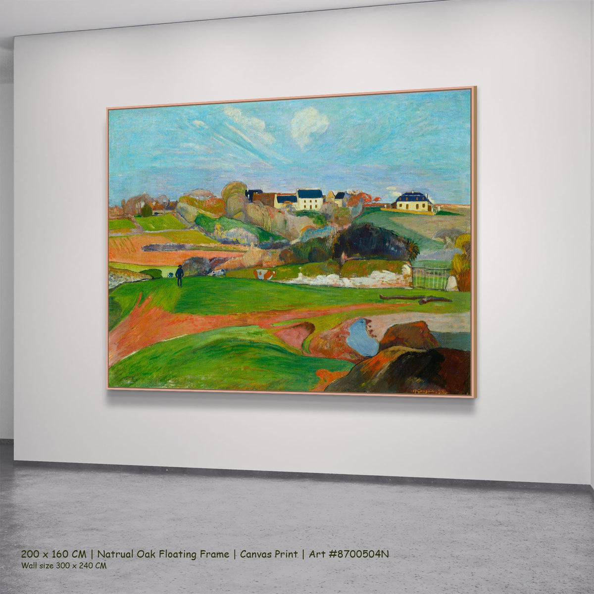Landscape at Le Pouldu by Paul Gauguin in a natural oak floating frame, large light blue and green Impressionist canvas