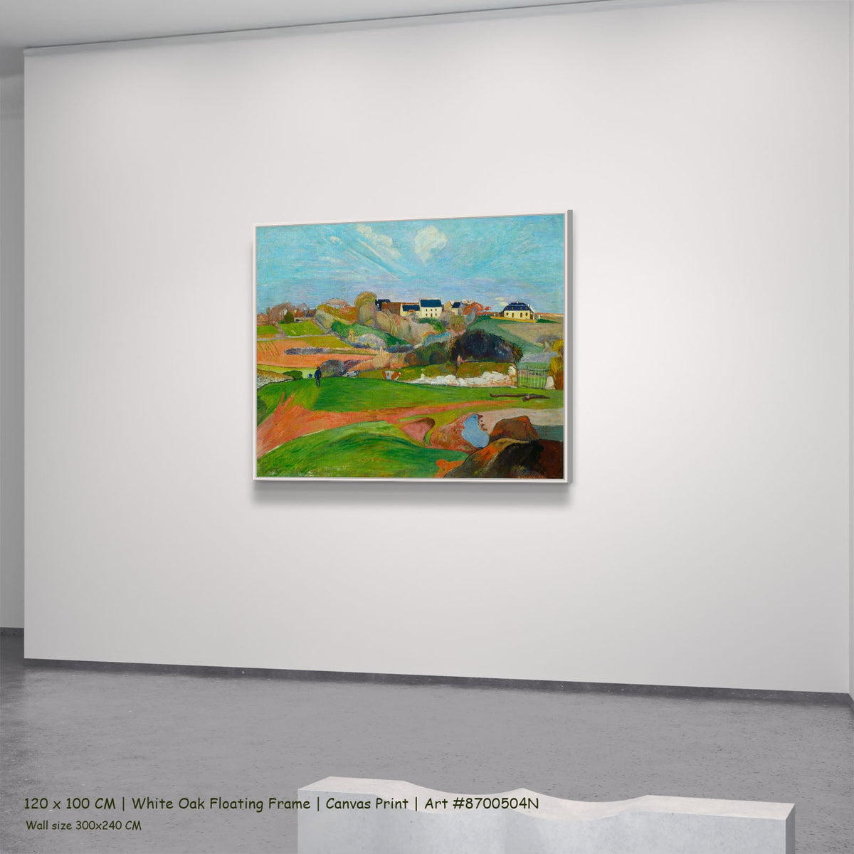 Landscape at Le Pouldu by Paul Gauguin in a white oak floating frame, large light blue and green Impressionist canvas