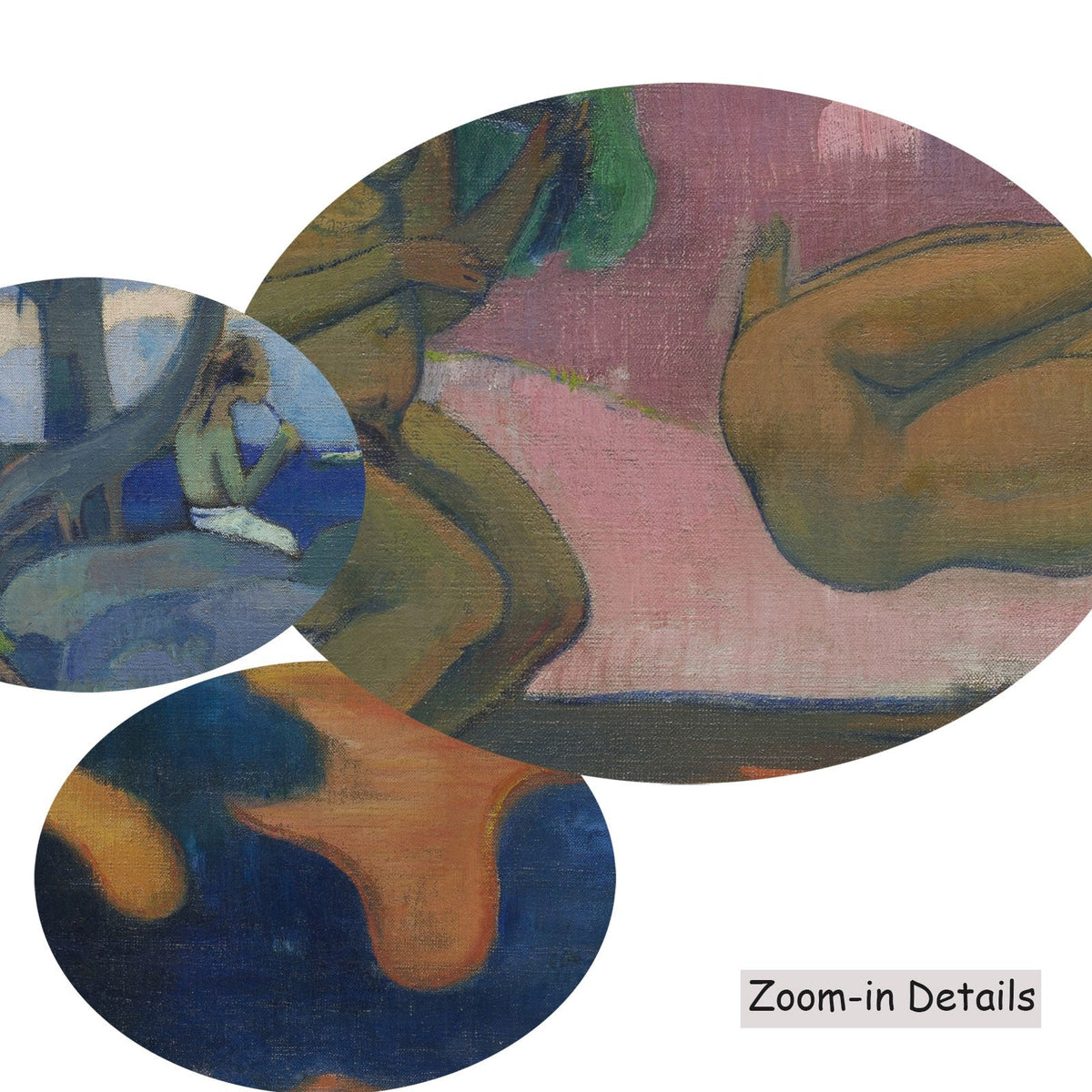 Close-up detail of the brushwork on Mahana no atua, a large pink and blue Symbolist canvas by Paul Gauguin