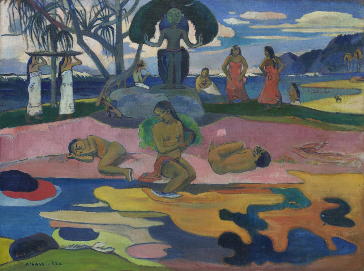 Large pink and blue Symbolist canvas print of Mahana no atua by Paul Gauguin