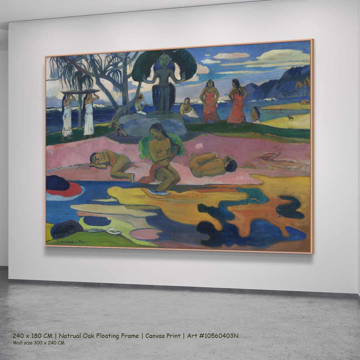 Mahana no atua by Paul Gauguin in a natural oak floating frame, large pink and blue Symbolist canvas