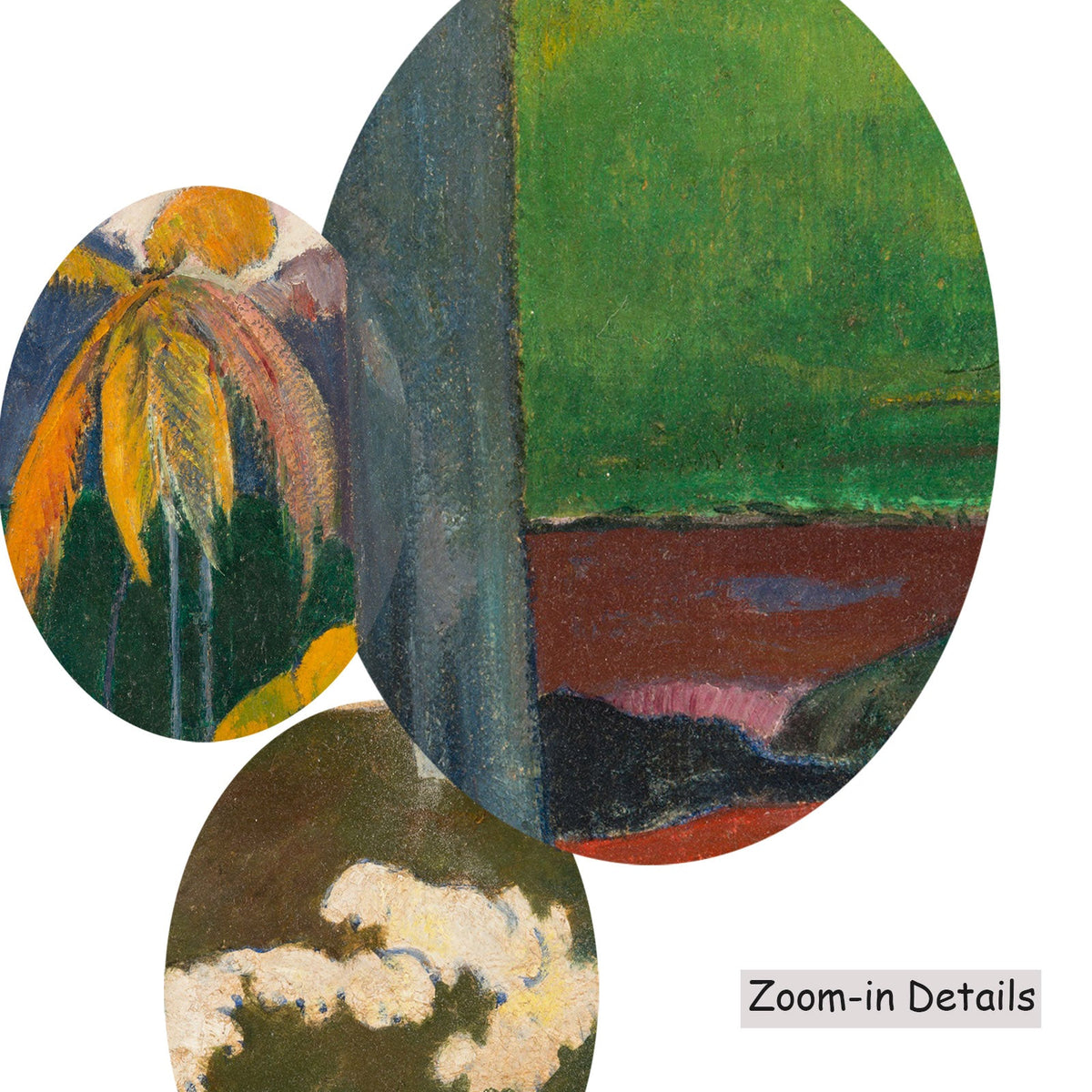 Close-up detail of the brushwork on Mata Mua, a large green and gold Impressionist canvas by Paul Gauguin