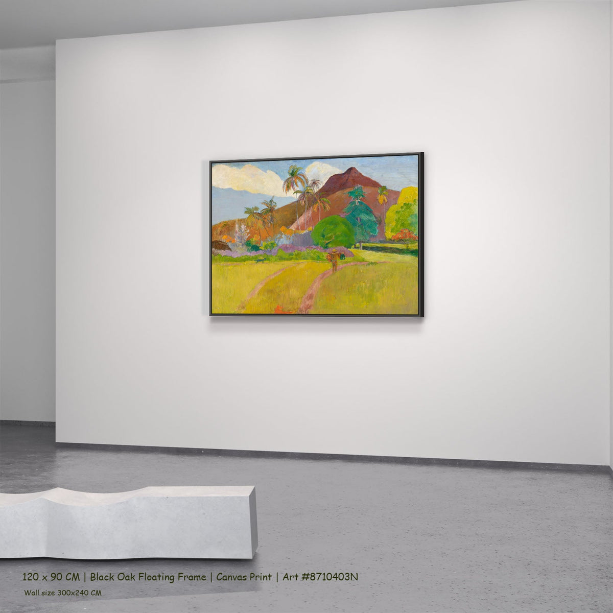 Tahitian Landscape by Paul Gauguin in a black oak floating frame, large yellow and brown Impressionist canvas