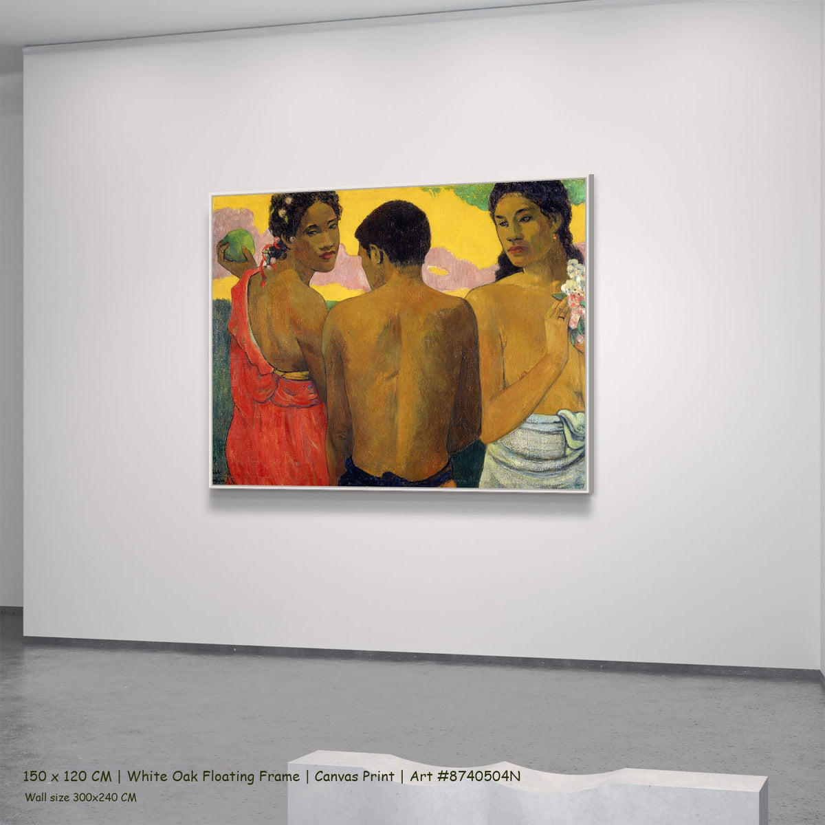Three Tahitians by Paul Gauguin in a white oak floating frame, large brown and yellow Impressionist canvas