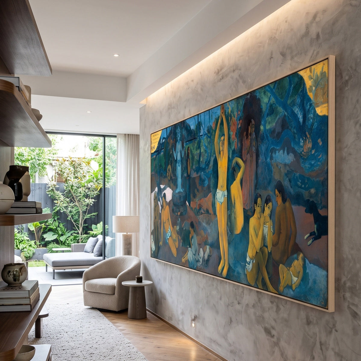 Where Do We Come From? What by Paul Gauguin — large blue and gold Impressionist canvas art displayed on a wall