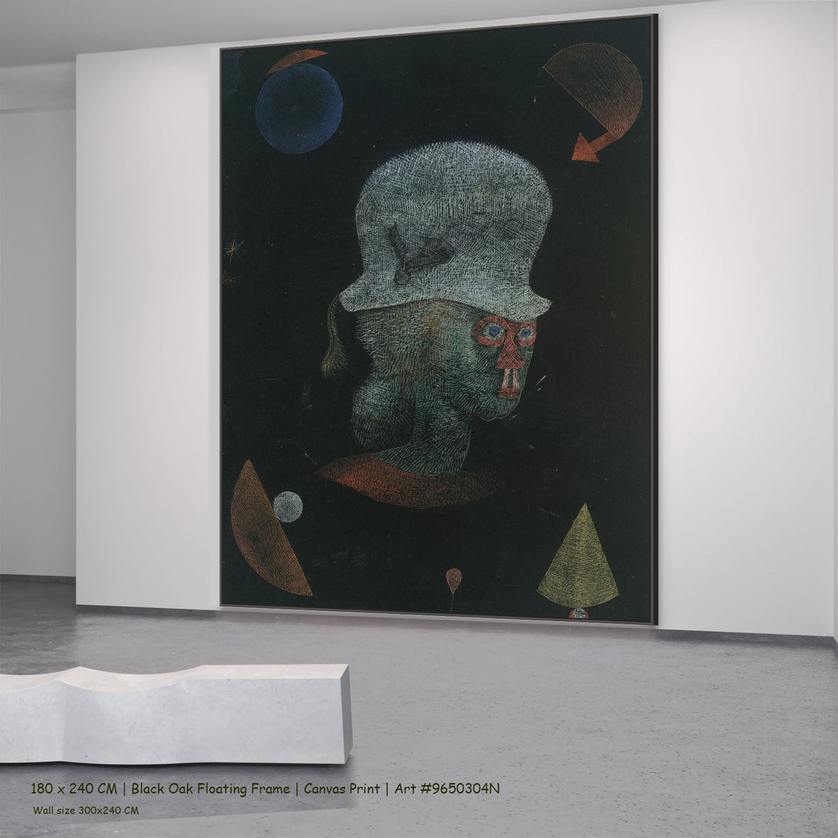 Astrological Fantasy Portrait by Paul Klee in a black oak floating frame, large green and black Abstract canvas