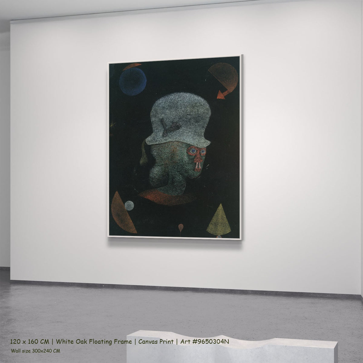 Astrological Fantasy Portrait by Paul Klee in a white oak floating frame, large green and black Abstract canvas