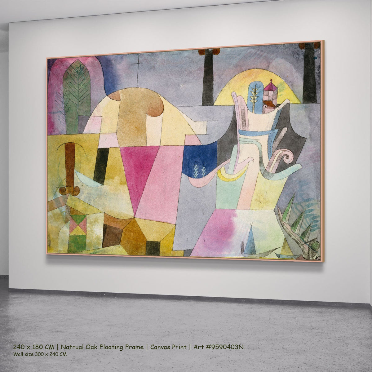 Black Columns in a Landscape by Paul Klee in a natural oak floating frame, large yellow and pink Colourful Abstract canvas