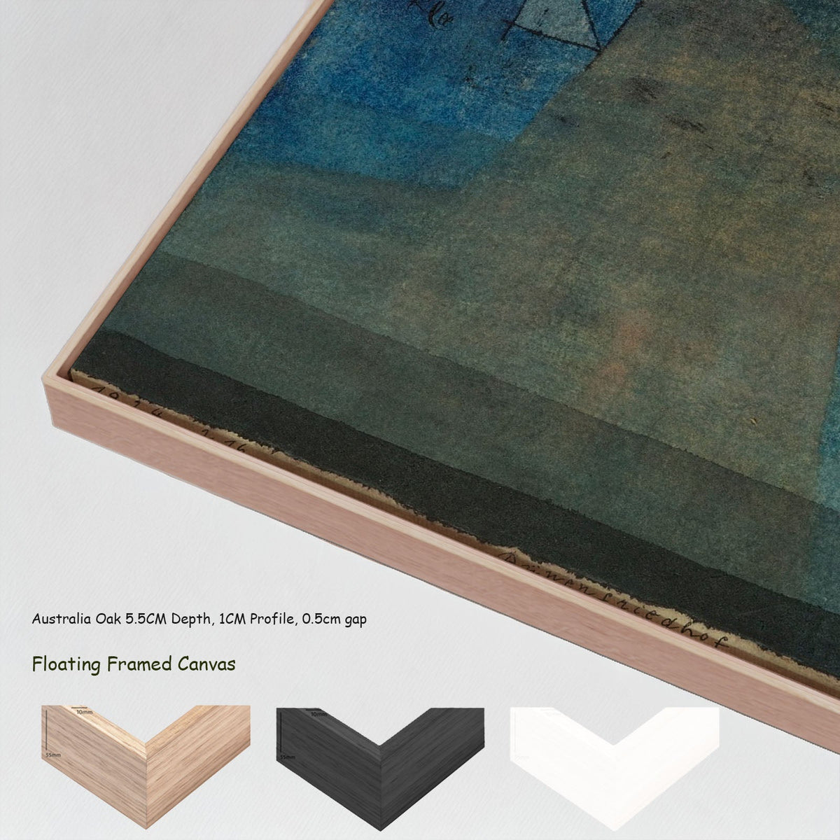 Dune Cemetery by Paul Klee in a floating frame, large blue and green Modern Abstract canvas print