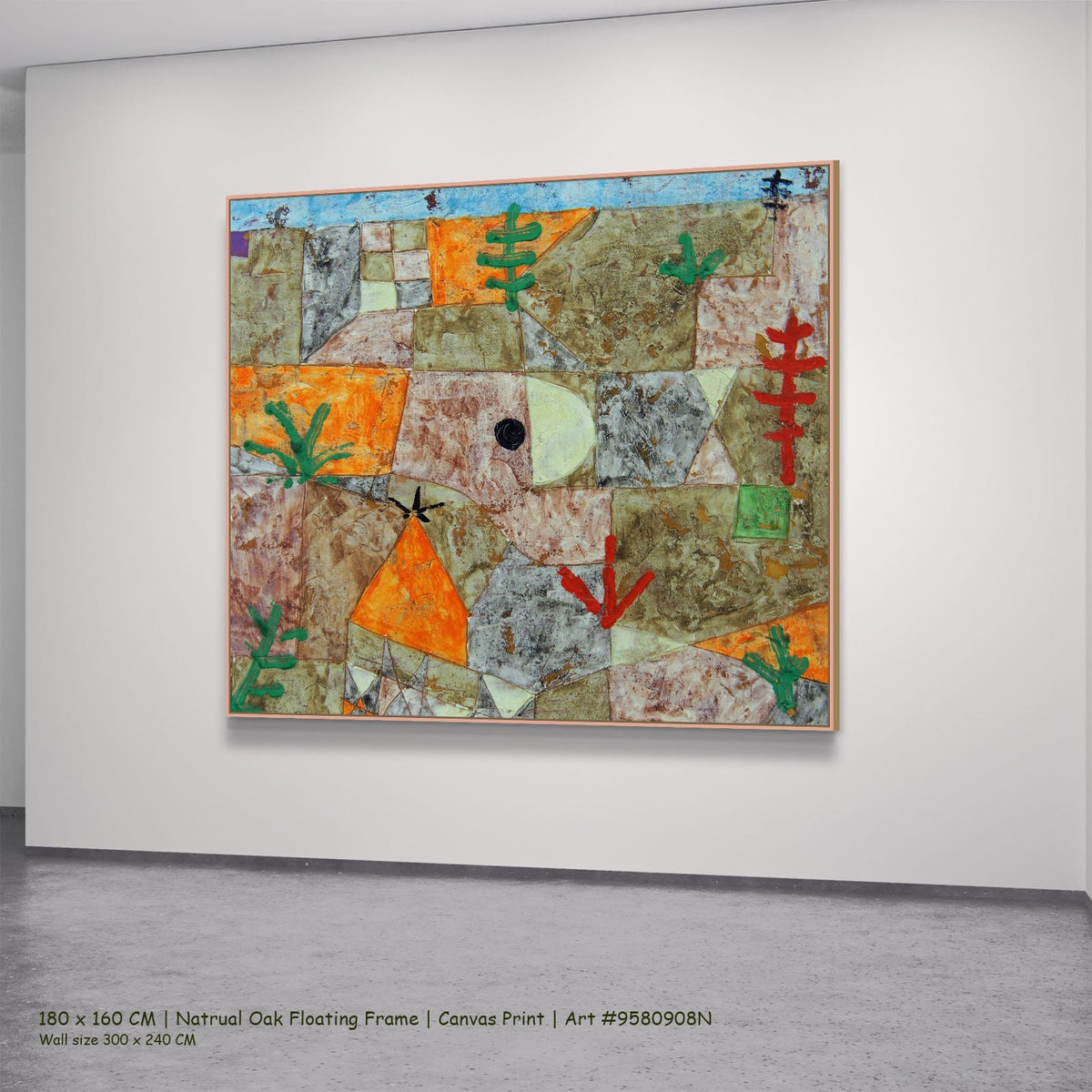 Garden with Hieroglyphs by Paul Klee in a natural oak floating frame, large brown and orange Geometric Abstract canvas