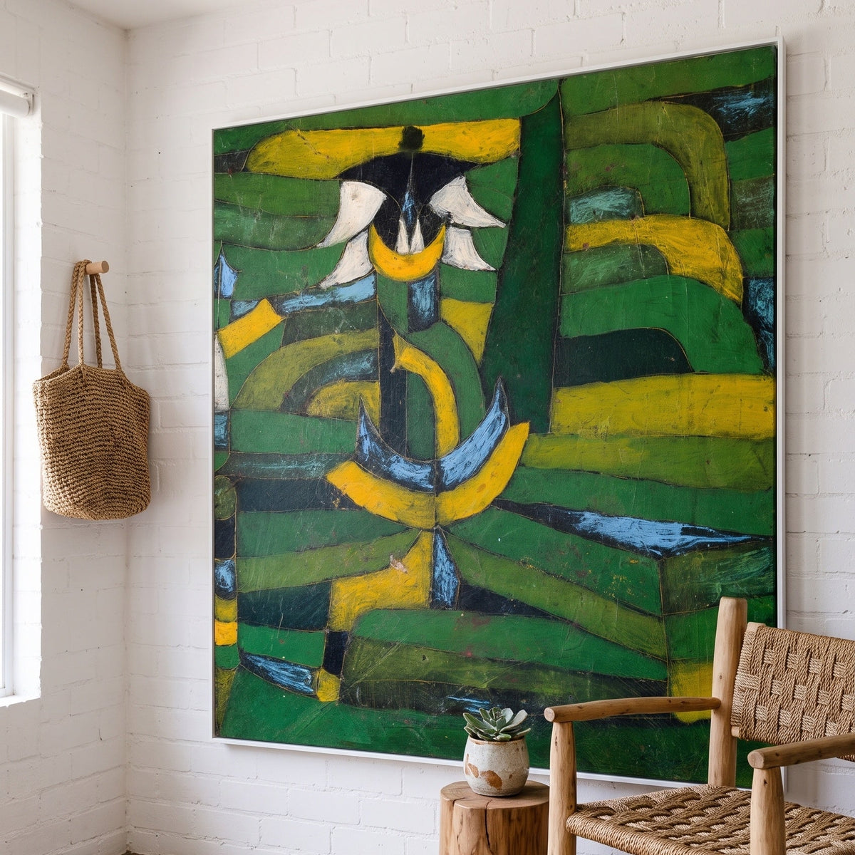 Green Plant Rhythms by Paul Klee — large green and yellow Abstract canvas art on a living room wall