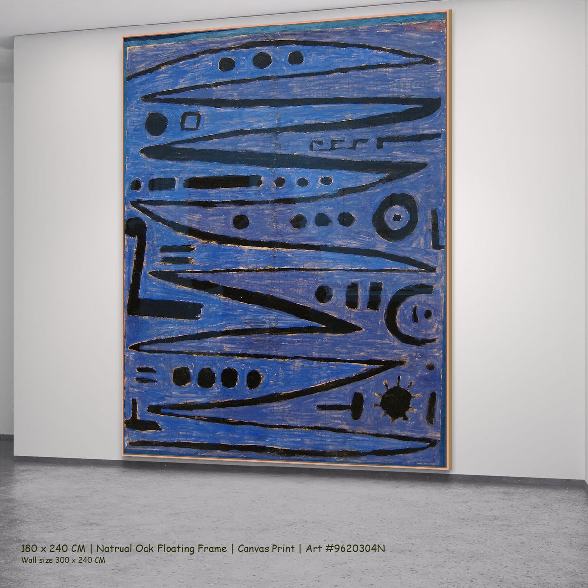 Heroic Strokes of the Bow by Paul Klee in a natural oak floating frame, large blue and black Geometric Abstract canvas