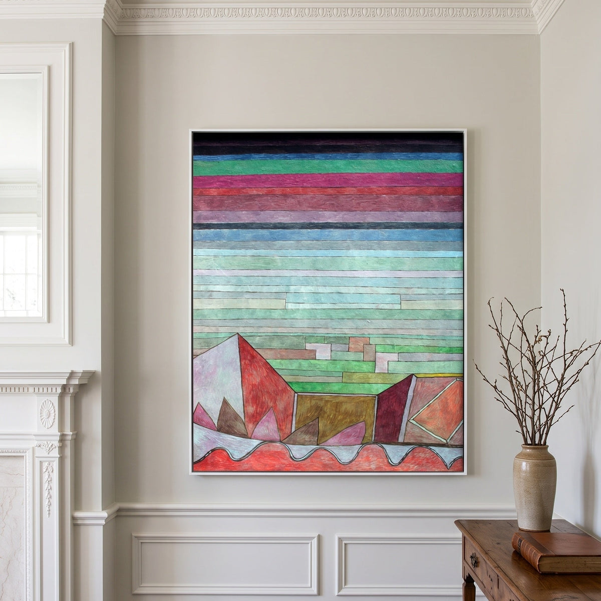 Striped Landscape with Mountains by Paul Klee — large pink and aqua Colourful Abstract canvas art on a hallway wall