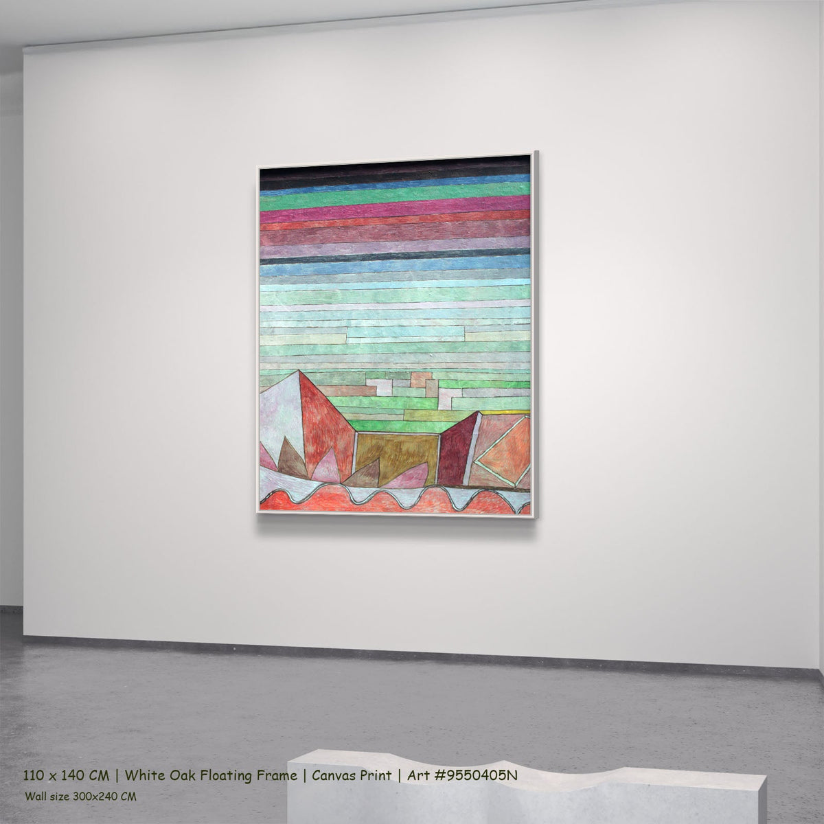 Striped Landscape with Mountains by Paul Klee in a white oak floating frame, large pink and aqua Colourful Abstract canvas