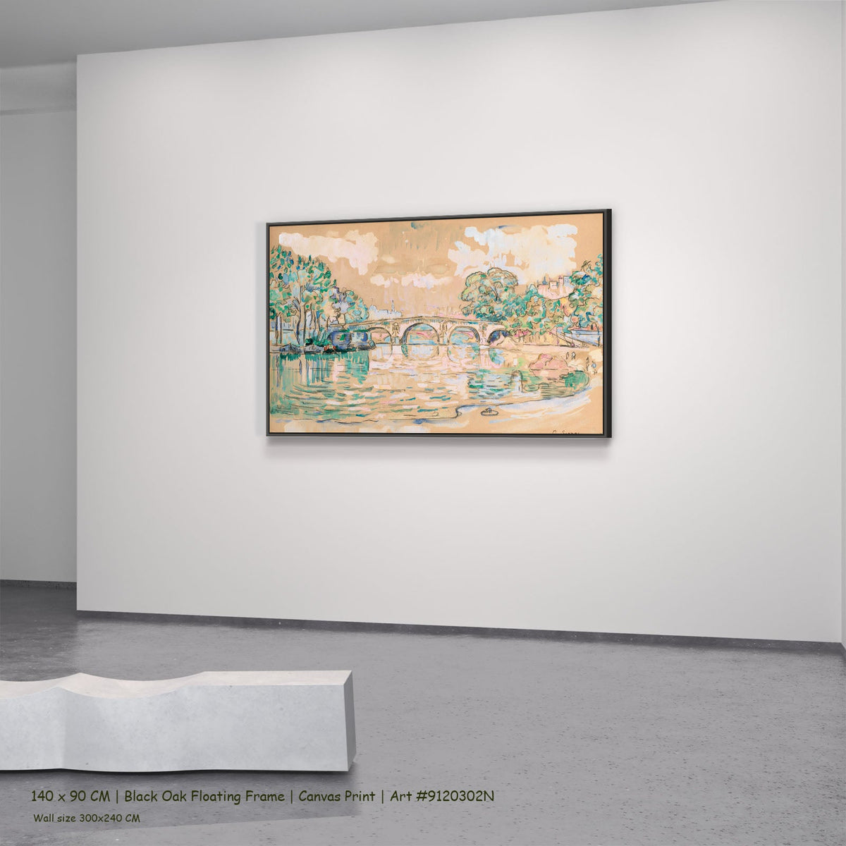 Paris, Le Pont Marie by Paul Signac in a black oak floating frame, large brown and green Pointillist canvas