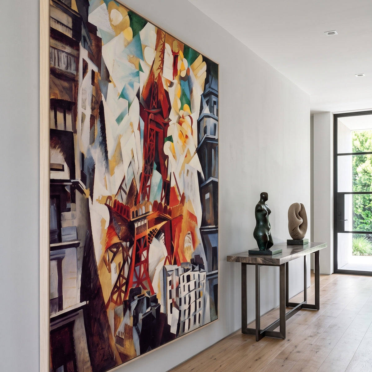 Champs de Mars, the Red Tower by Robert Delaunay — large red and white Cubist canvas art on a hallway wall