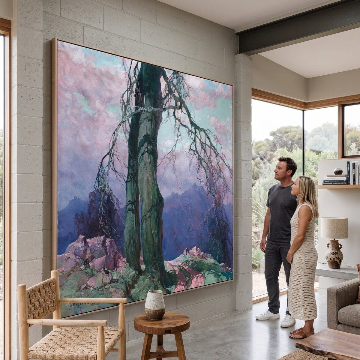 Weathered Tree on a Mountain Ridge by Stepan Kolesnikoff — large green and pink Impressionist canvas art on a living room wal