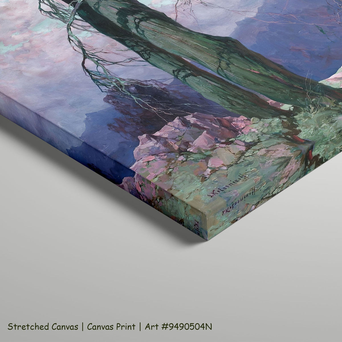 Weathered Tree on a Mountain Ridge by Stepan Kolesnikoff as a large stretched green and pink Impressionist canvas print