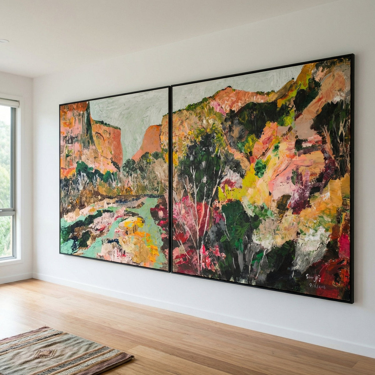 Path of Water Abstract Landscape canvas wall art framed and hung on a wall, 200 × 100 cm, by Summer Jiang