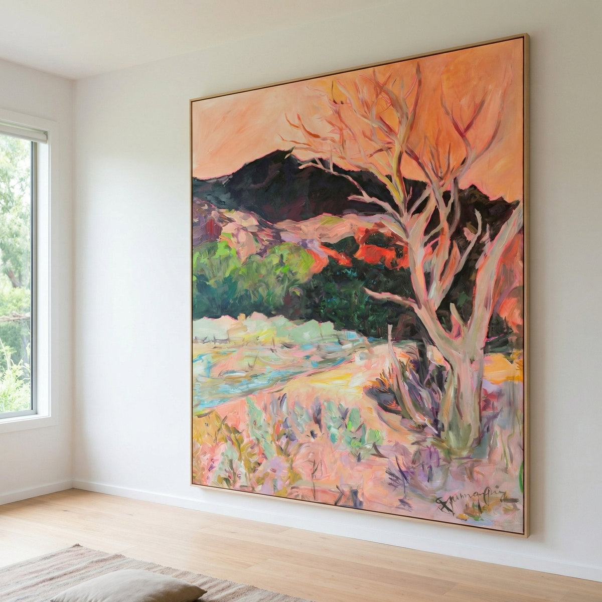 Quiet Grace Abstract Landscape canvas wall art framed and hung on a wall, 120 × 140 cm, by Summer Jiang