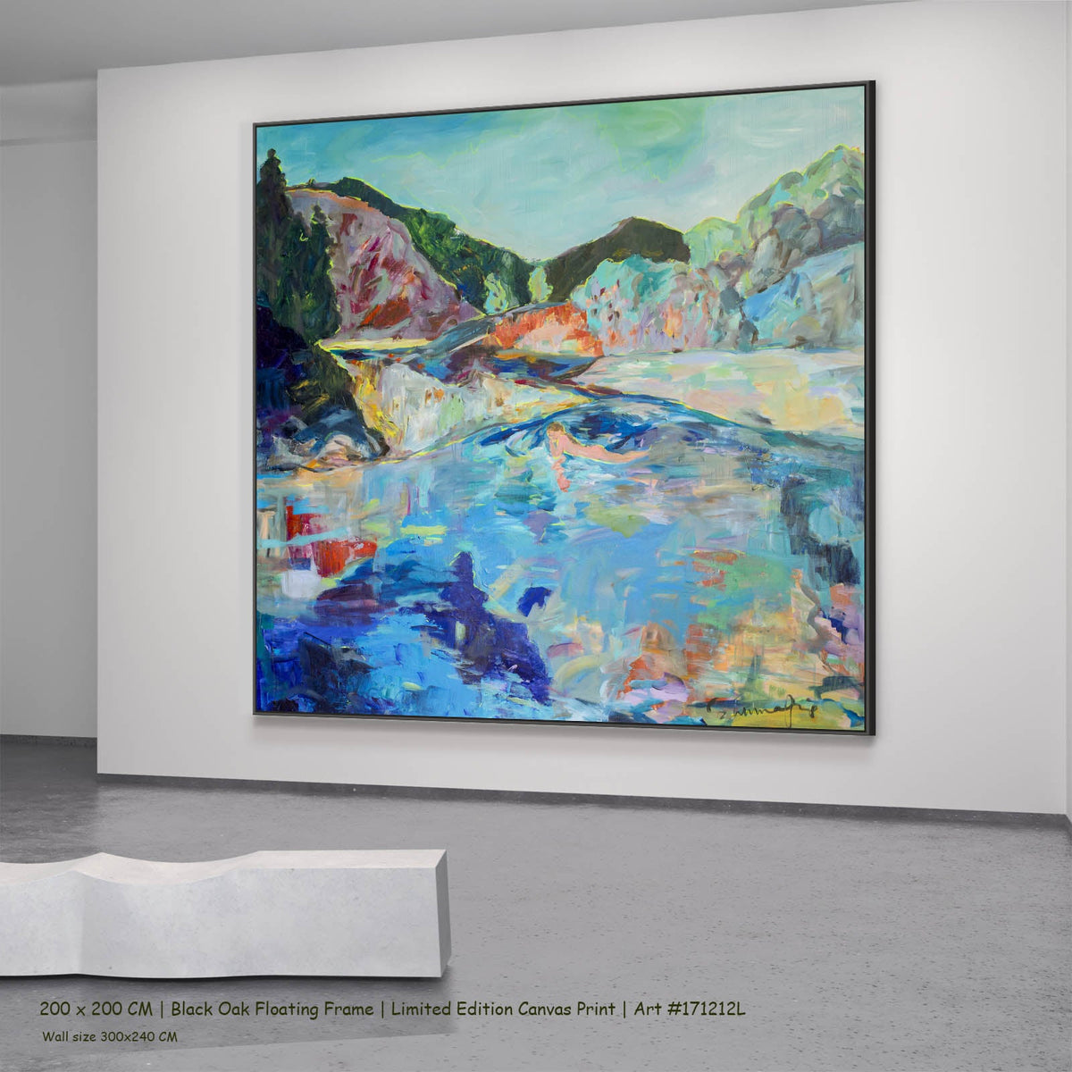 Summer Jiang — River Washes Me Abstract canvas wall art in a black oak floating frame, 200 × 200 cm