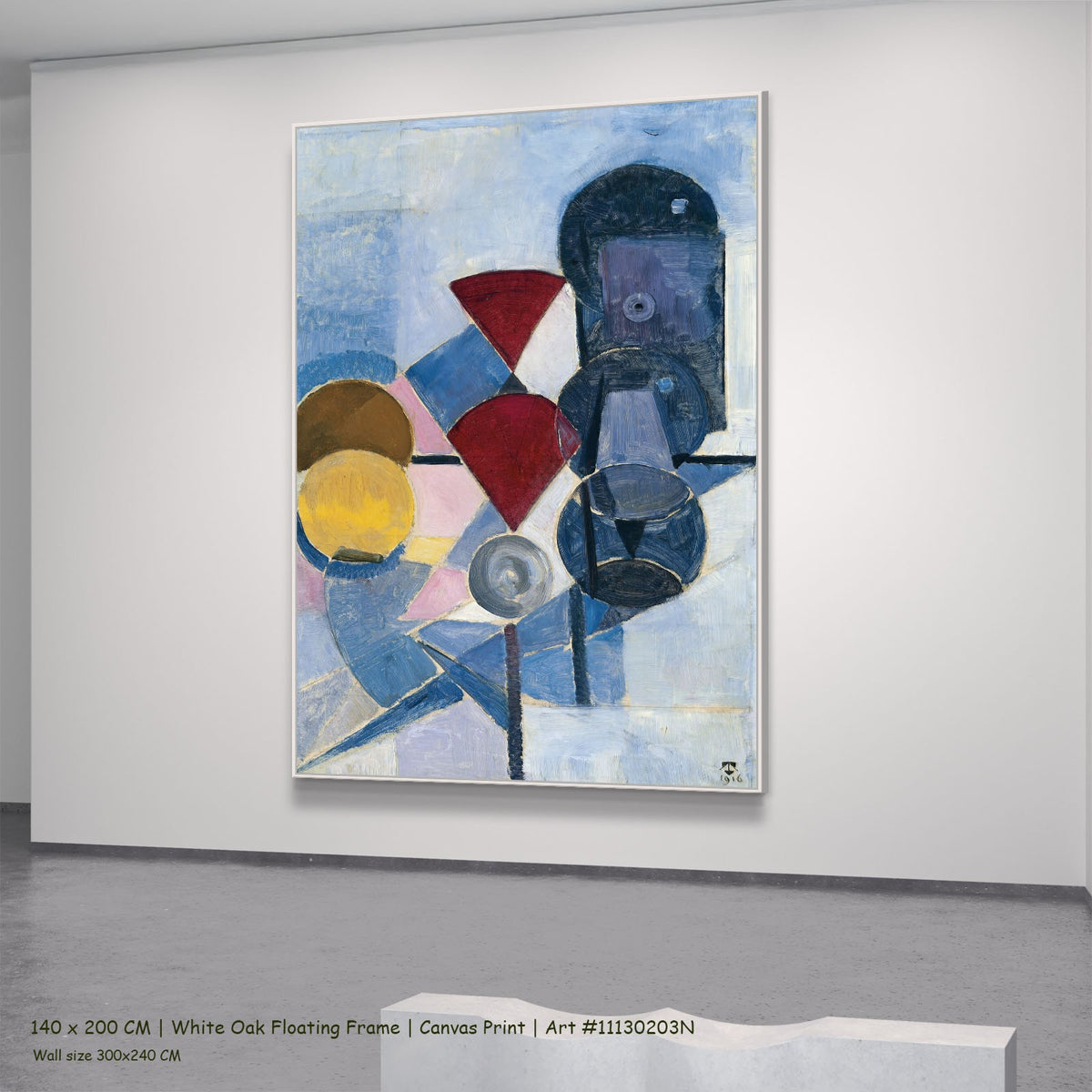 Composition II by Theo van Doesburg in a white oak floating frame, large blue and red Cubist canvas