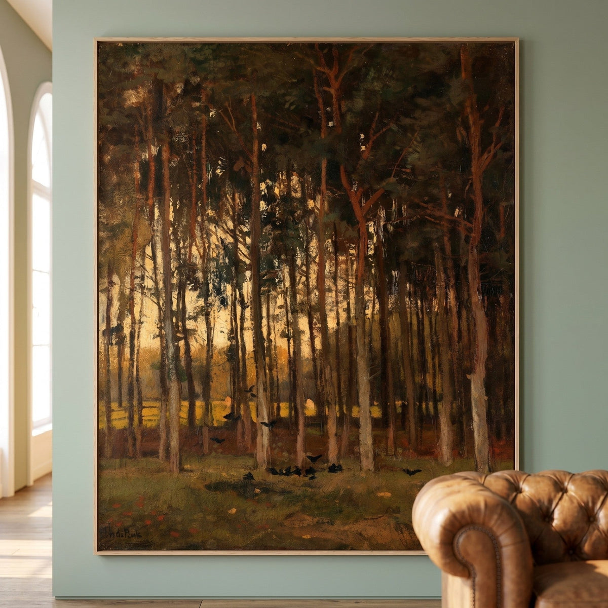 View in the Woods Tall Forest Landscape canvas wall art framed and hung on a wall by Theophile de Bock