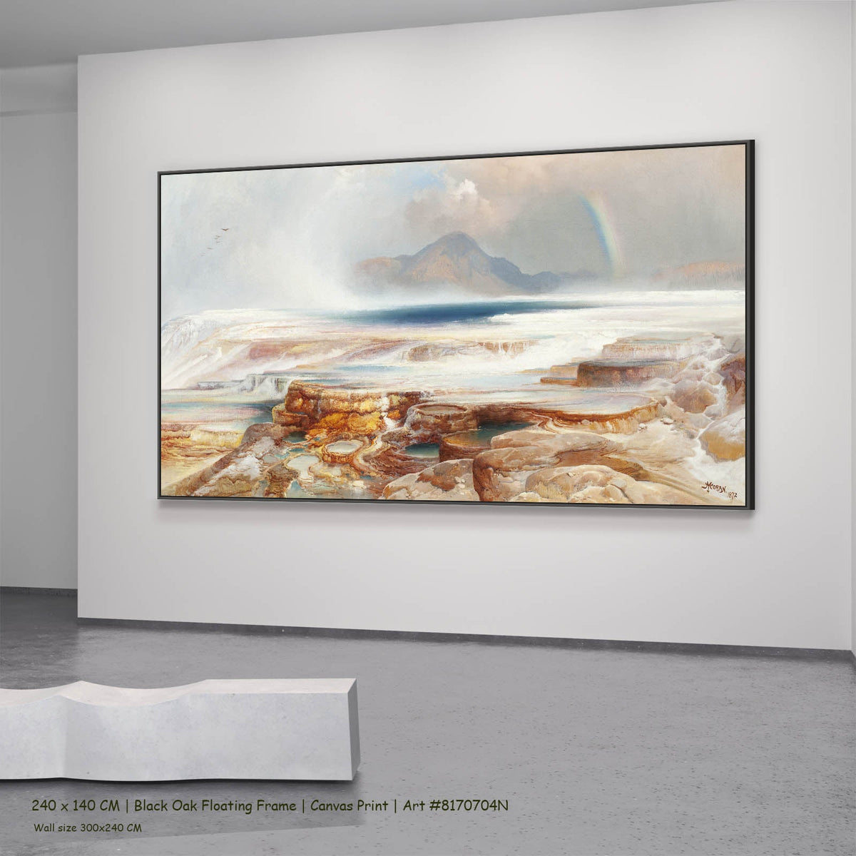 Thomas Moran — Hot Springs of the Yellowstone Landscape canvas wall art in a black oak floating frame, 240 × 140 cm