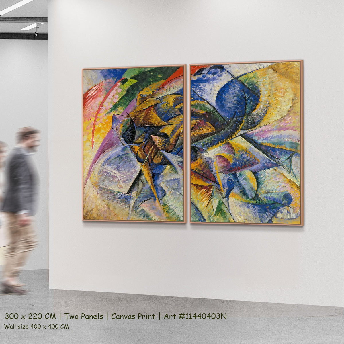 Dynamism of a Cyclist by Umberto Boccioni as a large two-panel blue and yellow Futurist canvas set