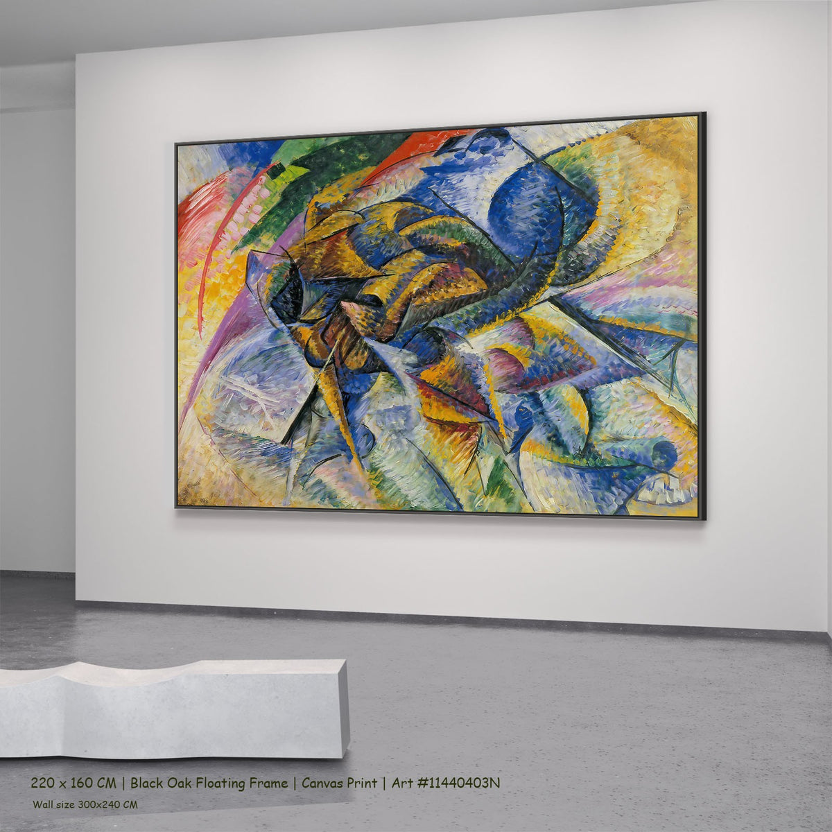 Dynamism of a Cyclist by Umberto Boccioni in a black oak floating frame, large blue and yellow Futurist canvas