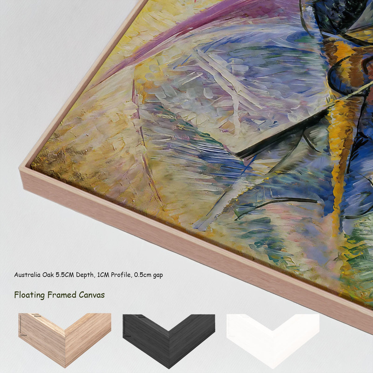Dynamism of a Cyclist by Umberto Boccioni in a floating frame, large blue and yellow Futurist canvas print