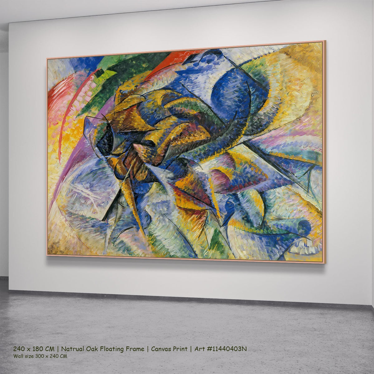 Dynamism of a Cyclist by Umberto Boccioni in a natural oak floating frame, large blue and yellow Futurist canvas