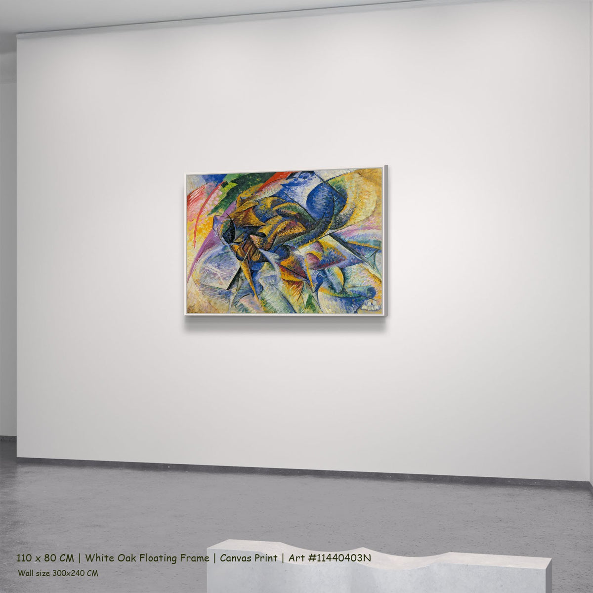 Dynamism of a Cyclist by Umberto Boccioni in a white oak floating frame, large blue and yellow Futurist canvas