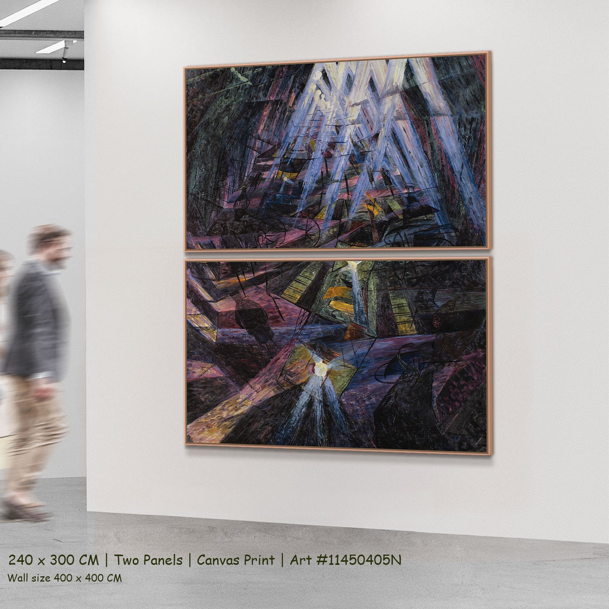 The Forces of a Street by Umberto Boccioni as a large two-panel purple and black Futurist canvas set