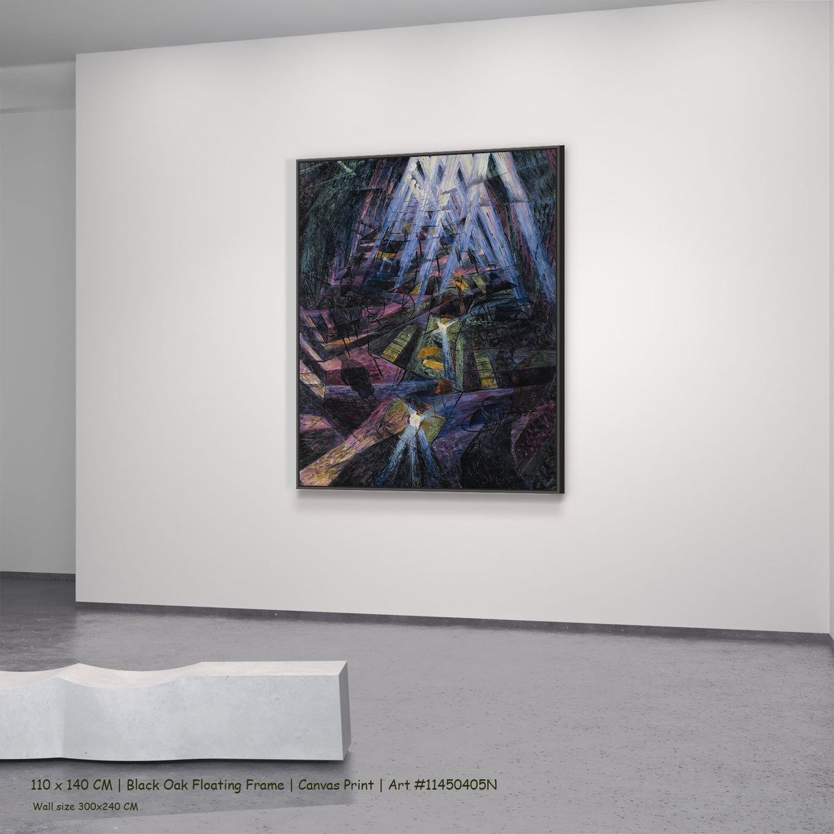 The Forces of a Street by Umberto Boccioni in a black oak floating frame, large purple and black Futurist canvas