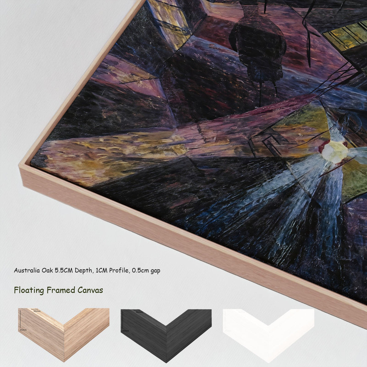 The Forces of a Street by Umberto Boccioni in a floating frame, large purple and black Futurist canvas print
